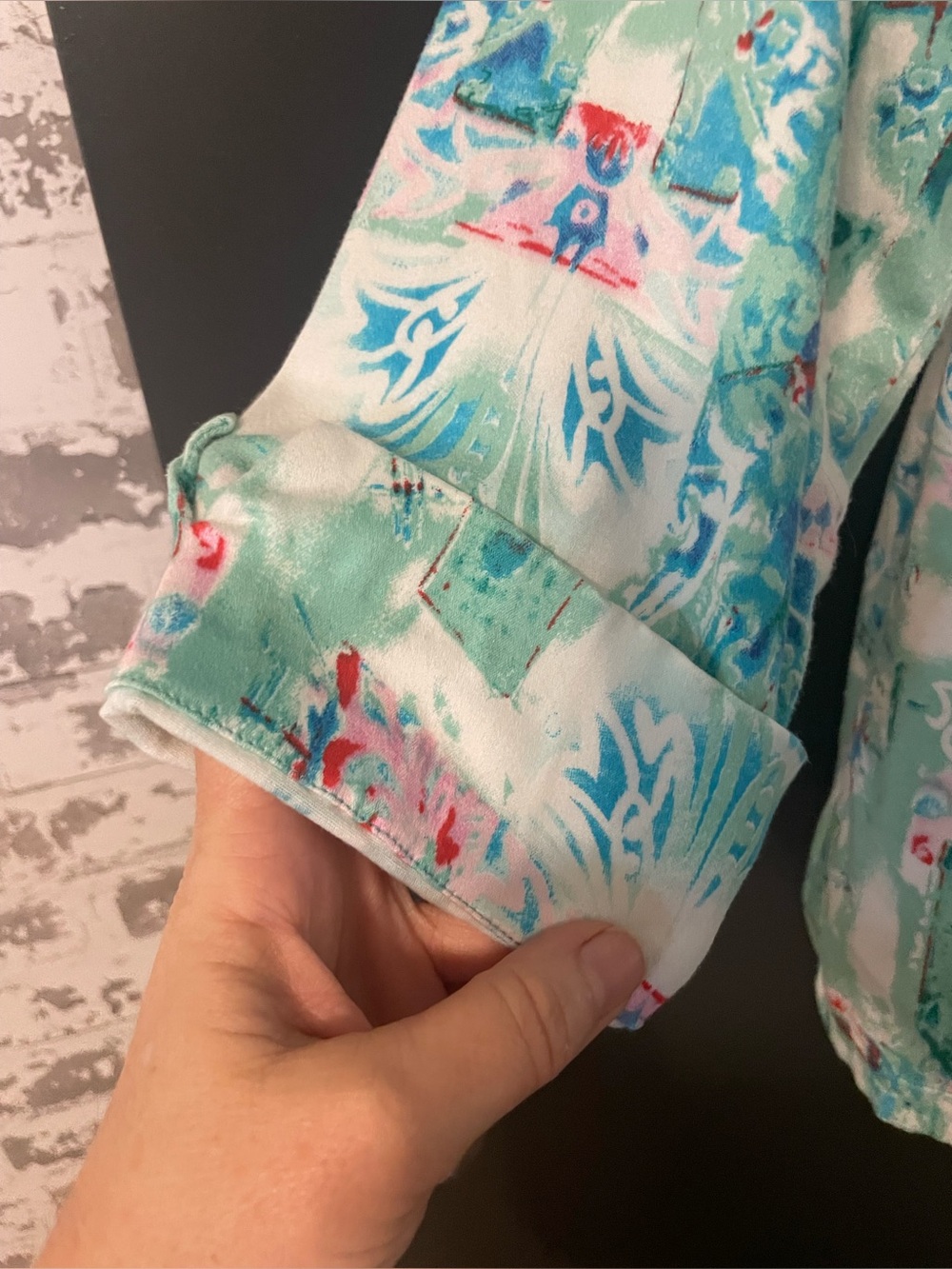 Karen Hart Abstract Print Stretch Cotton Jacket Mint Blue Pink Size Large - Picture 6 of 8